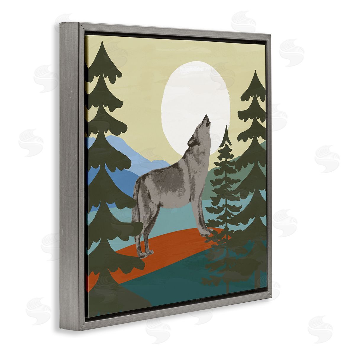 Victoria Barnes Grey Wolf Howling Moon Woodlands Trees  Gray Floating Frame Canvas Wall Art Print