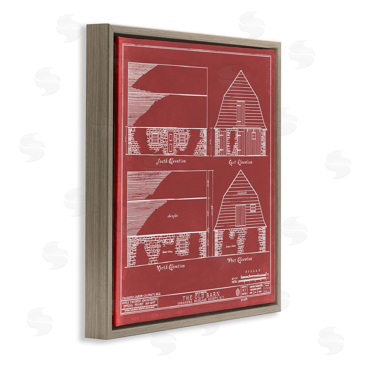 Annie Warren Red Farmhouse Barn Detailed Blueprint Diagram  Brown Floating Frame Canvas Wall Art Print