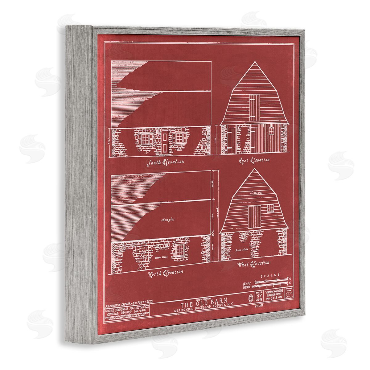 Annie Warren Red Farmhouse Barn Detailed Blueprint Diagram  Gray Framed Glicee Wall Art Print