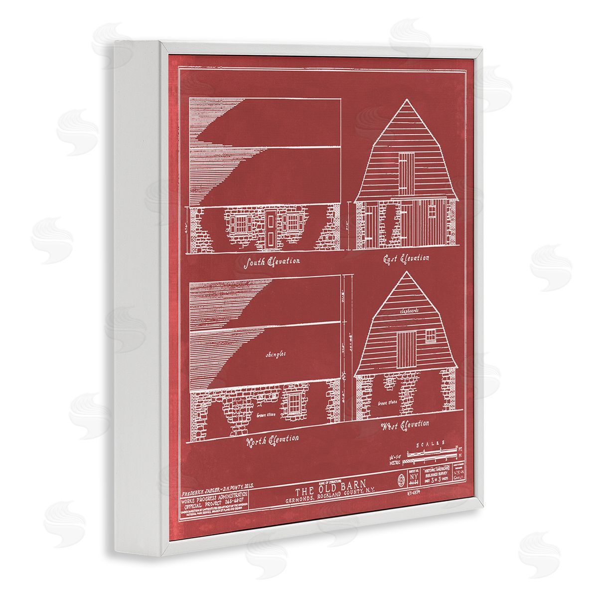Annie Warren Red Farmhouse Barn Detailed Blueprint Diagram  White Framed Glicee Wall Art Print