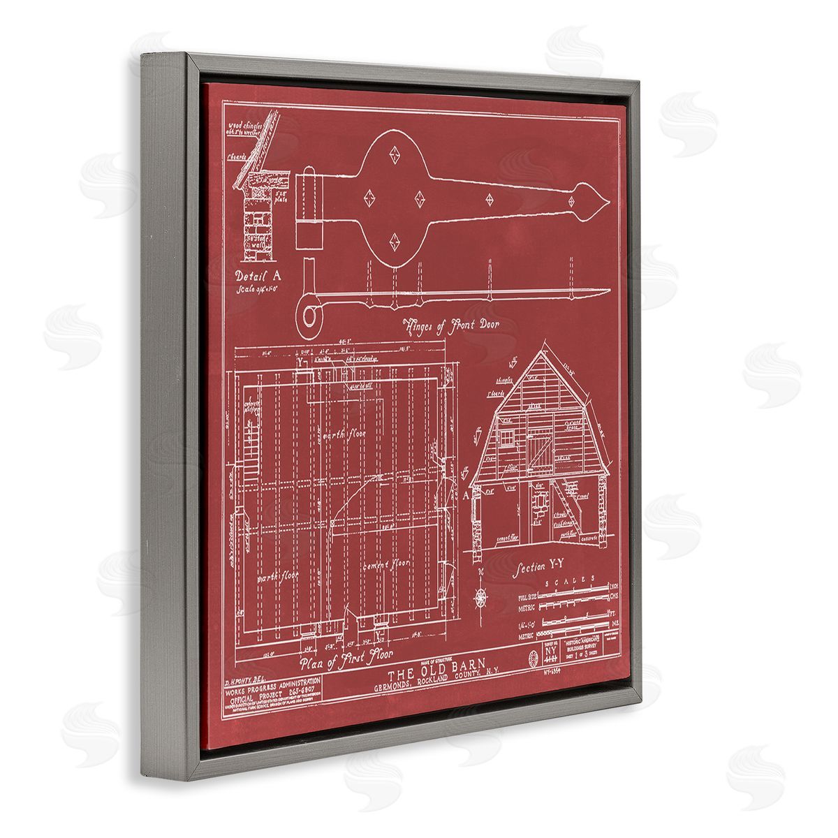 Annie Warren Detailed Diagram Blueprint Old Barn Floor Plan  Gray Floating Frame Canvas Wall Art Print