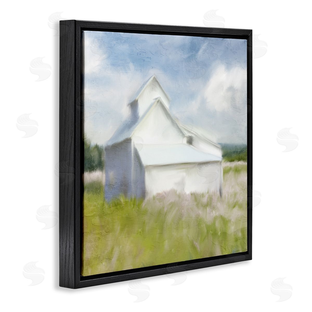Kim Allen Beautiful White Farmhouse Cottage Countryside Grassland  Black Floating Frame Canvas Wall Art Print