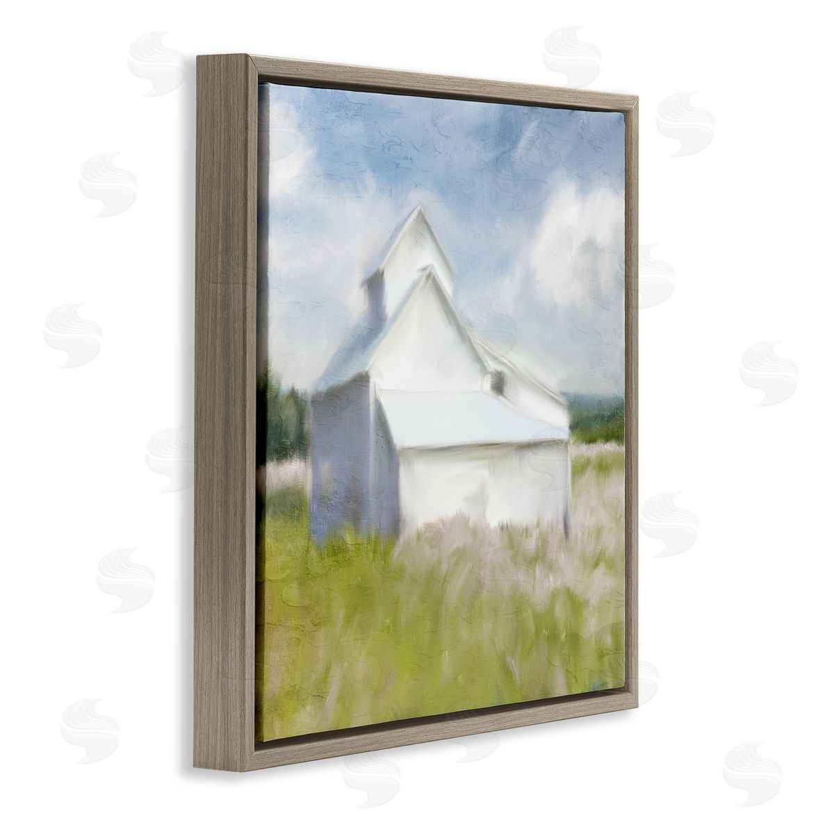 Kim Allen Beautiful White Farmhouse Cottage Countryside Grassland  Brown Floating Frame Canvas Wall Art Print
