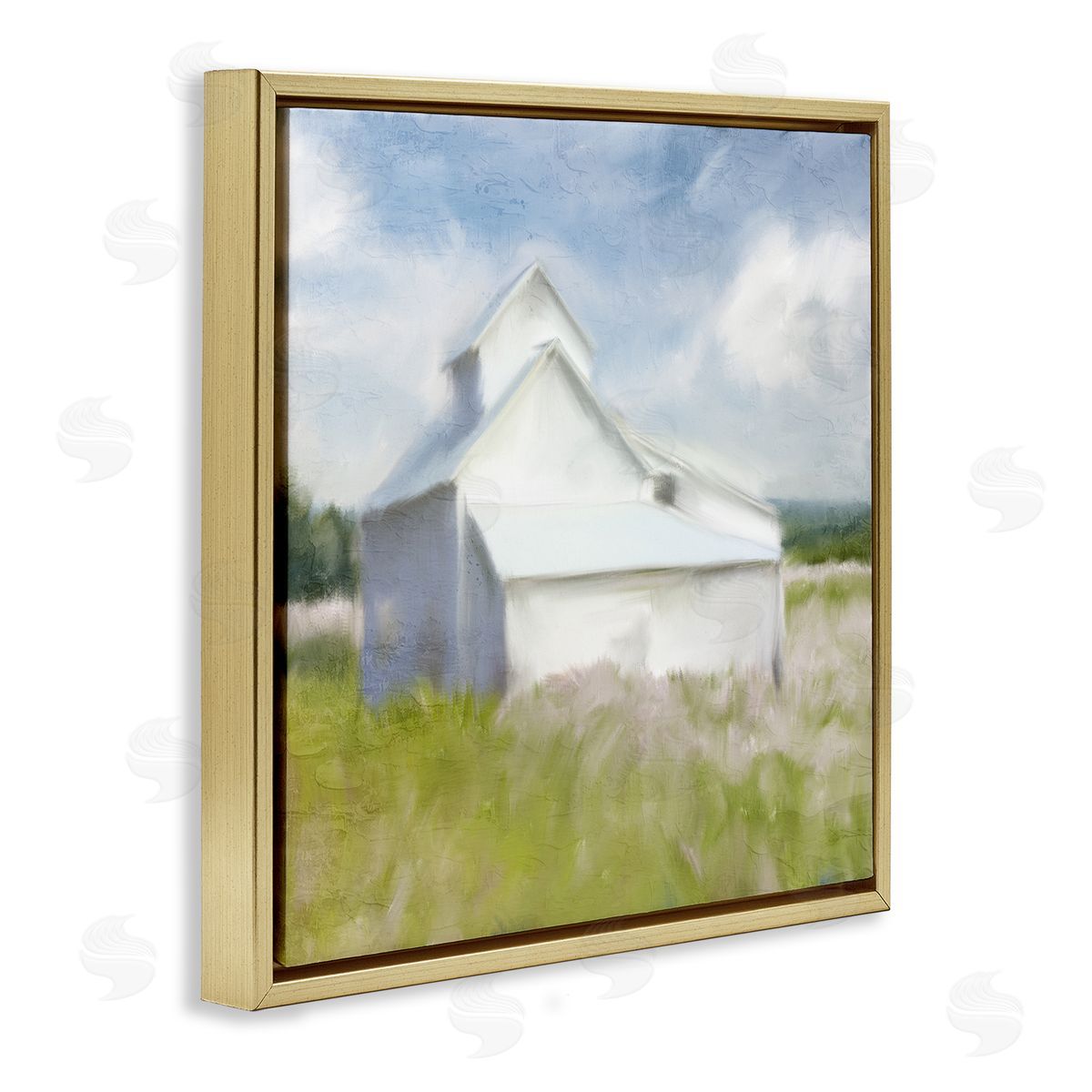Kim Allen Beautiful White Farmhouse Cottage Countryside Grassland  Gold Floating Frame Canvas Wall Art Print
