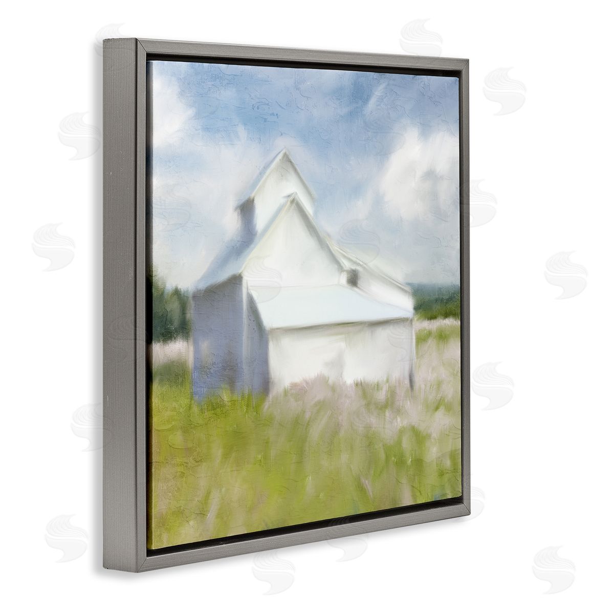 Kim Allen Beautiful White Farmhouse Cottage Countryside Grassland  Gray Floating Frame Canvas Wall Art Print