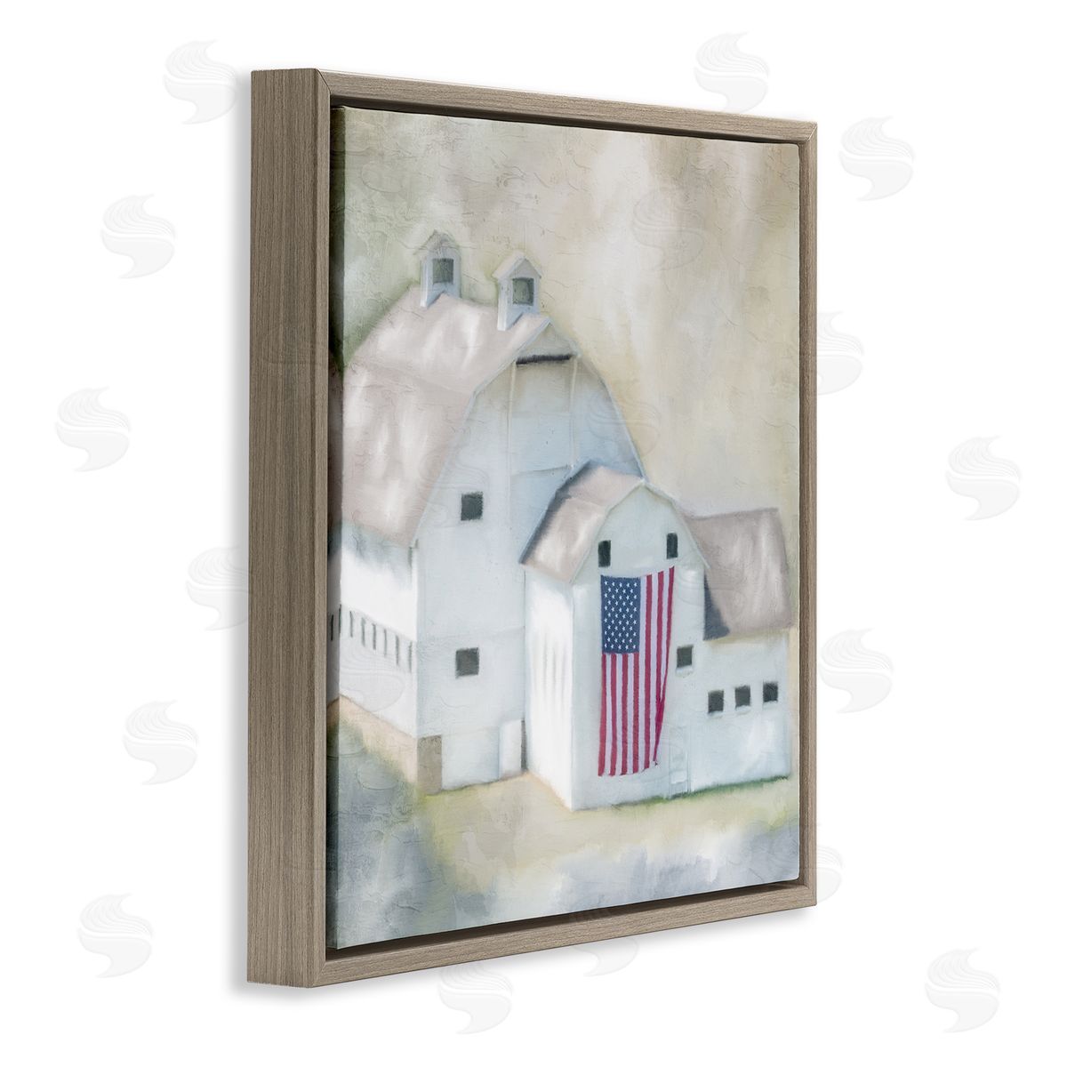 Kim Allen American Flag White Farmhouse Barn Rural Countryside  Brown Floating Frame Canvas Wall Art Print