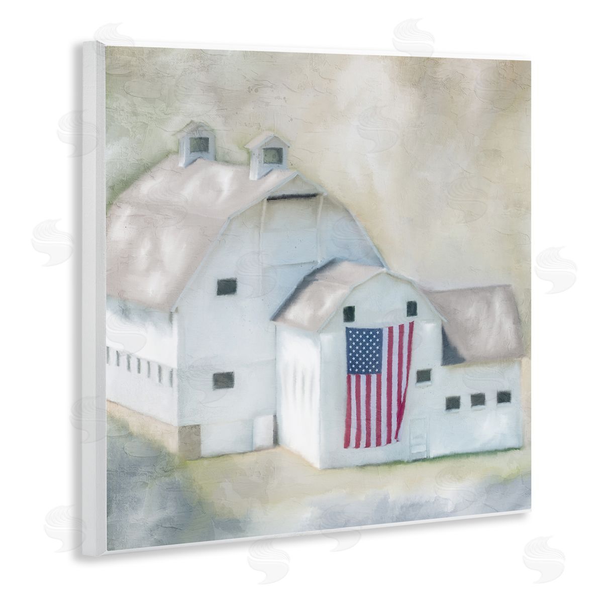 Kim Allen American Flag White Farmhouse Barn Rural Countryside  Wooden Wall Plaque Art Print
