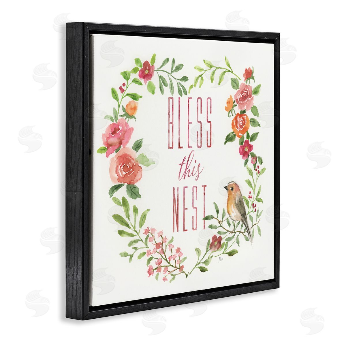 Nan Bless This Nest Family Phrase Rose Heart Wreath Black Floating Frame Canvas Wall Art Print