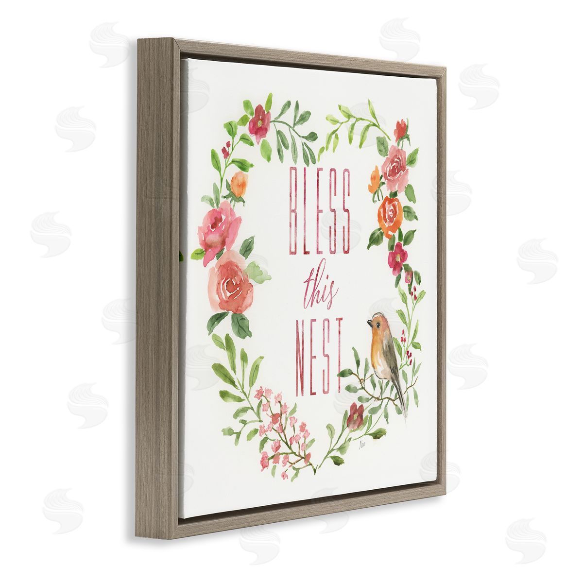 Nan Bless This Nest Family Phrase Rose Heart Wreath Brown Floating Frame Canvas Wall Art Print