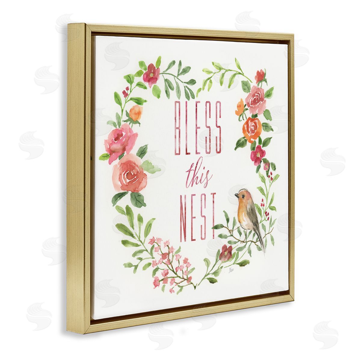 Nan Bless This Nest Family Phrase Rose Heart Wreath Gold Floating Frame Canvas Wall Art Print