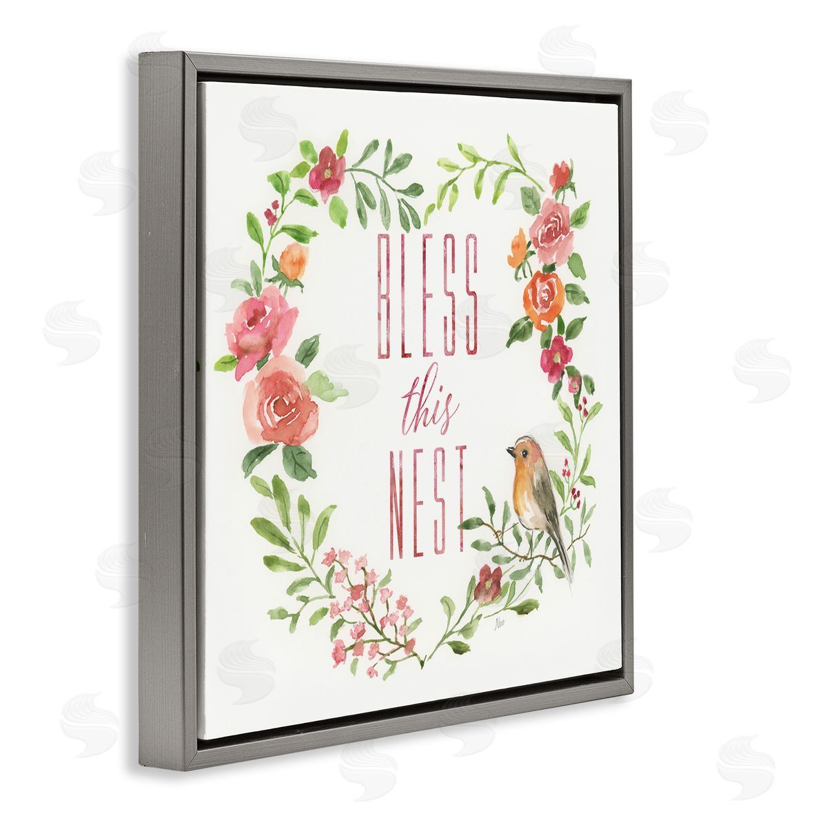 Nan Bless This Nest Family Phrase Rose Heart Wreath Gray Floating Frame Canvas Wall Art Print