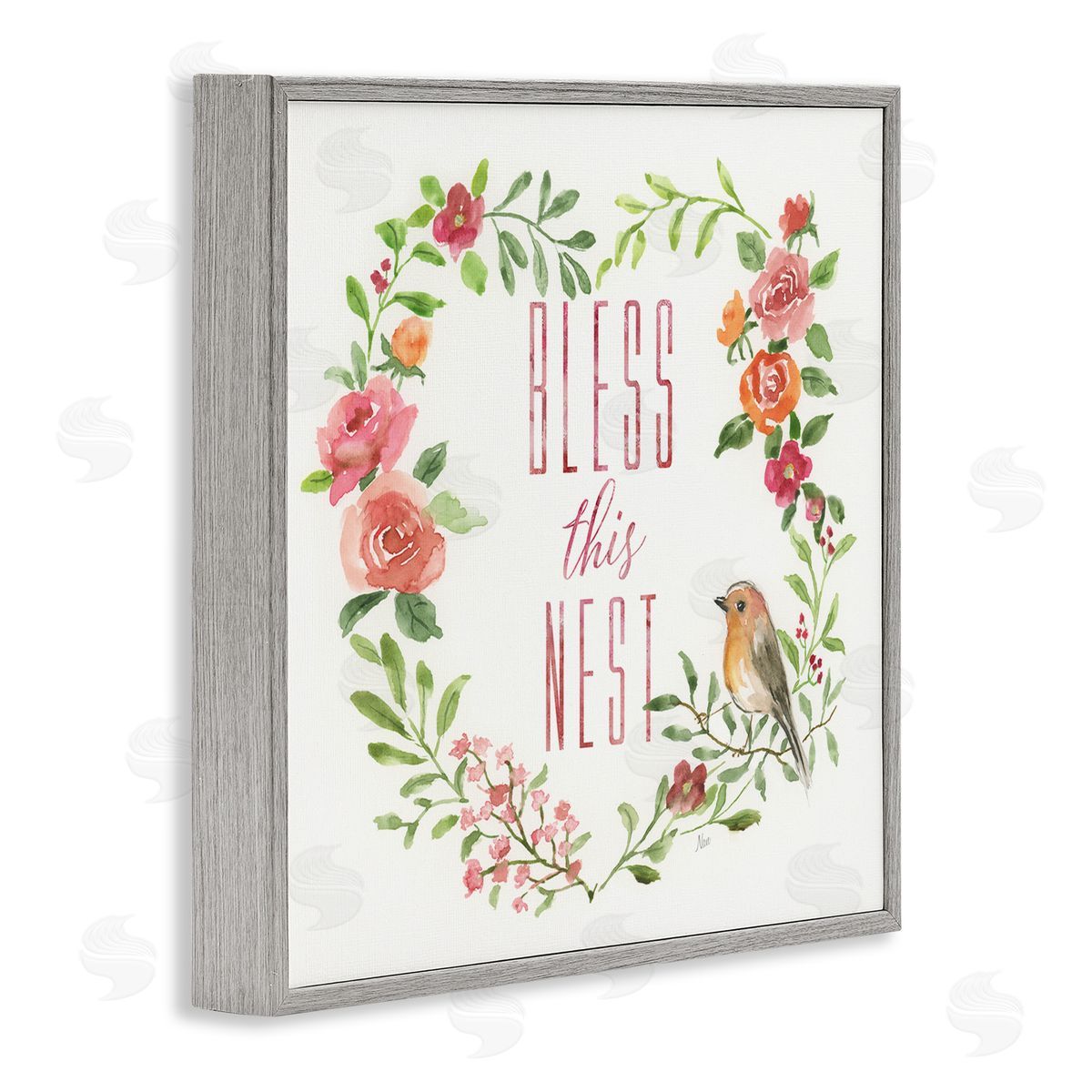Nan Bless This Nest Family Phrase Rose Heart Wreath Gray Framed Glicee Wall Art Print