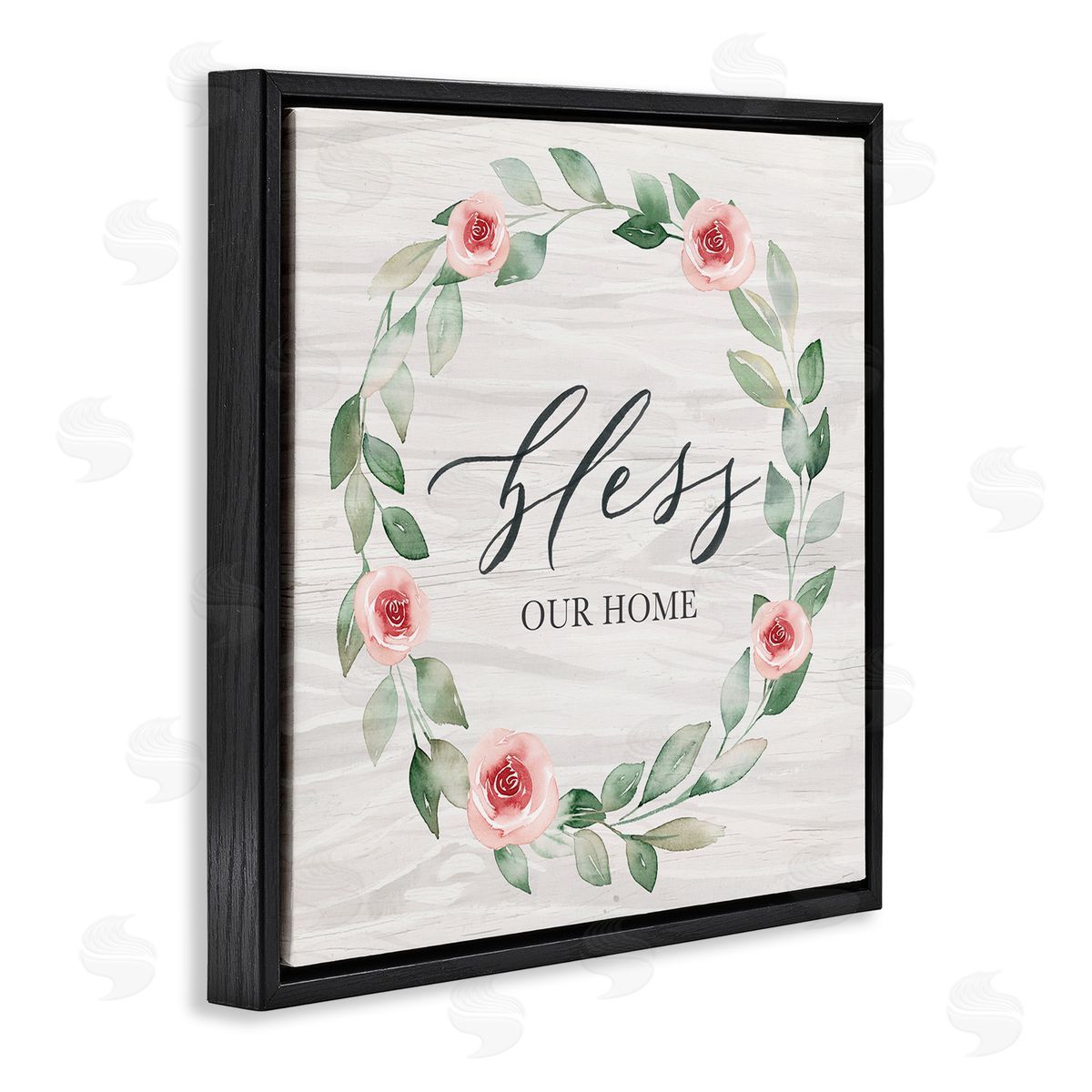 Kristen Brockmon Bless Our Home Family Phrase Simple Pink Rose Wreath Black Floating Frame Canvas Wall Art Print