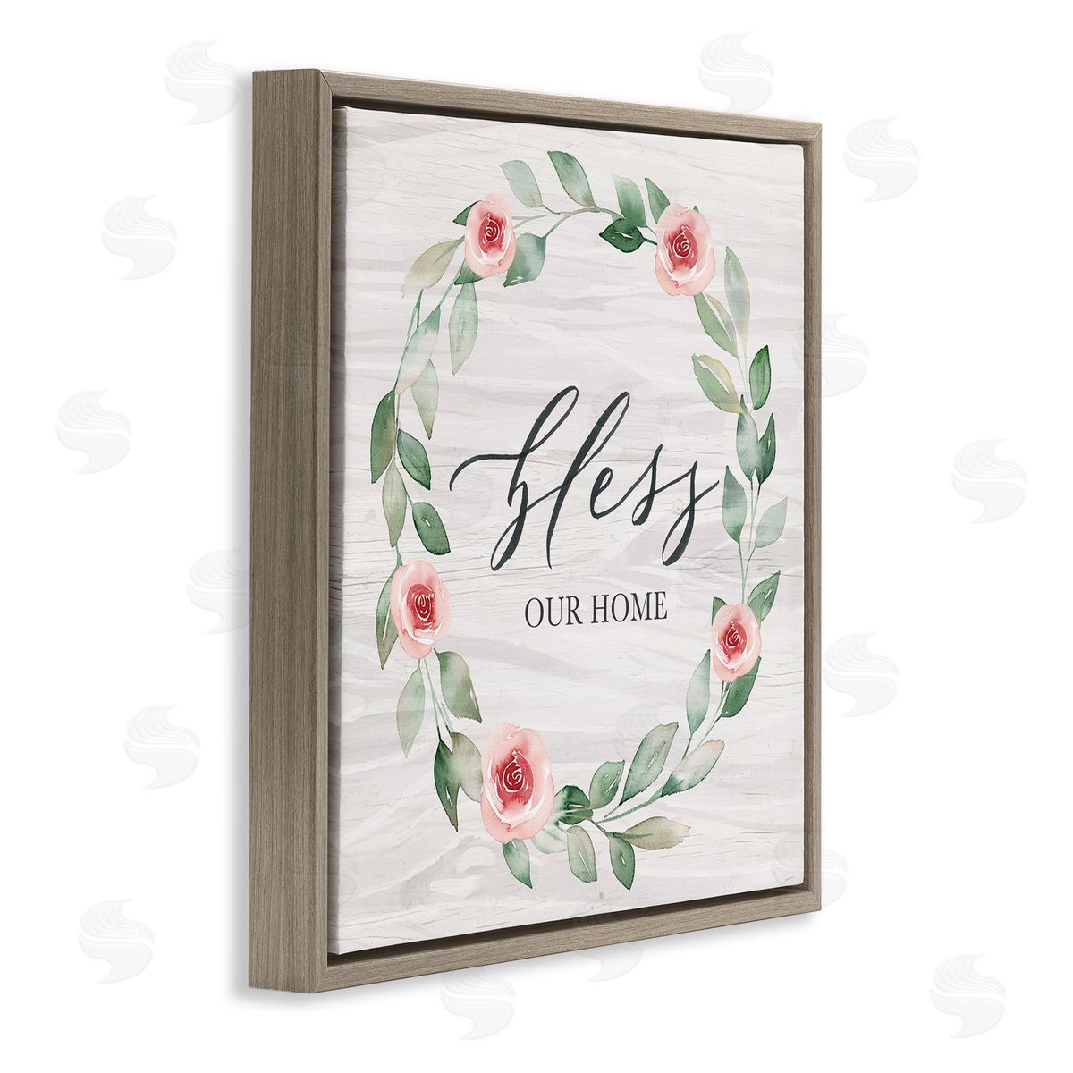 Kristen Brockmon Bless Our Home Family Phrase Simple Pink Rose Wreath Brown Floating Frame Canvas Wall Art Print
