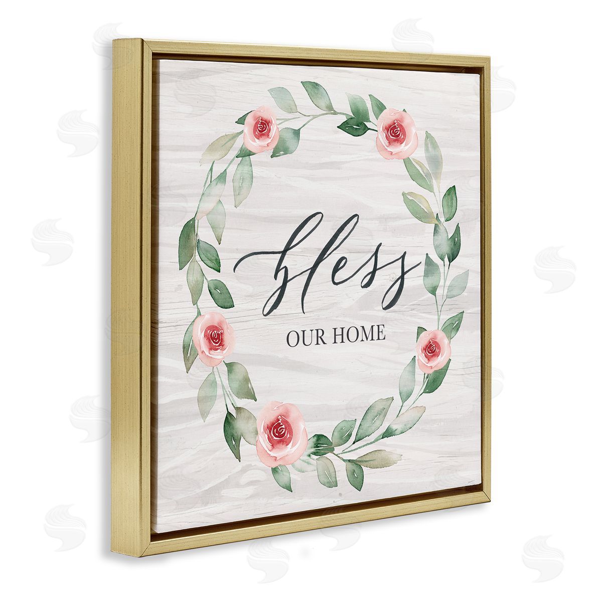 Kristen Brockmon Bless Our Home Family Phrase Simple Pink Rose Wreath Gold Floating Frame Canvas Wall Art Print