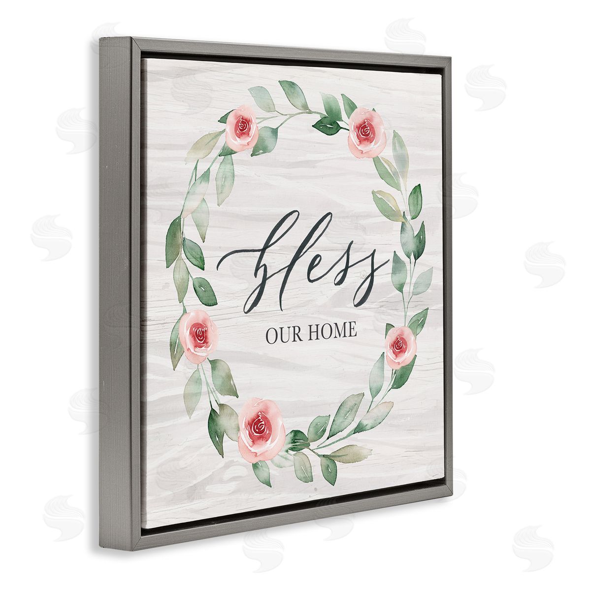 Kristen Brockmon Bless Our Home Family Phrase Simple Pink Rose Wreath Gray Floating Frame Canvas Wall Art Print