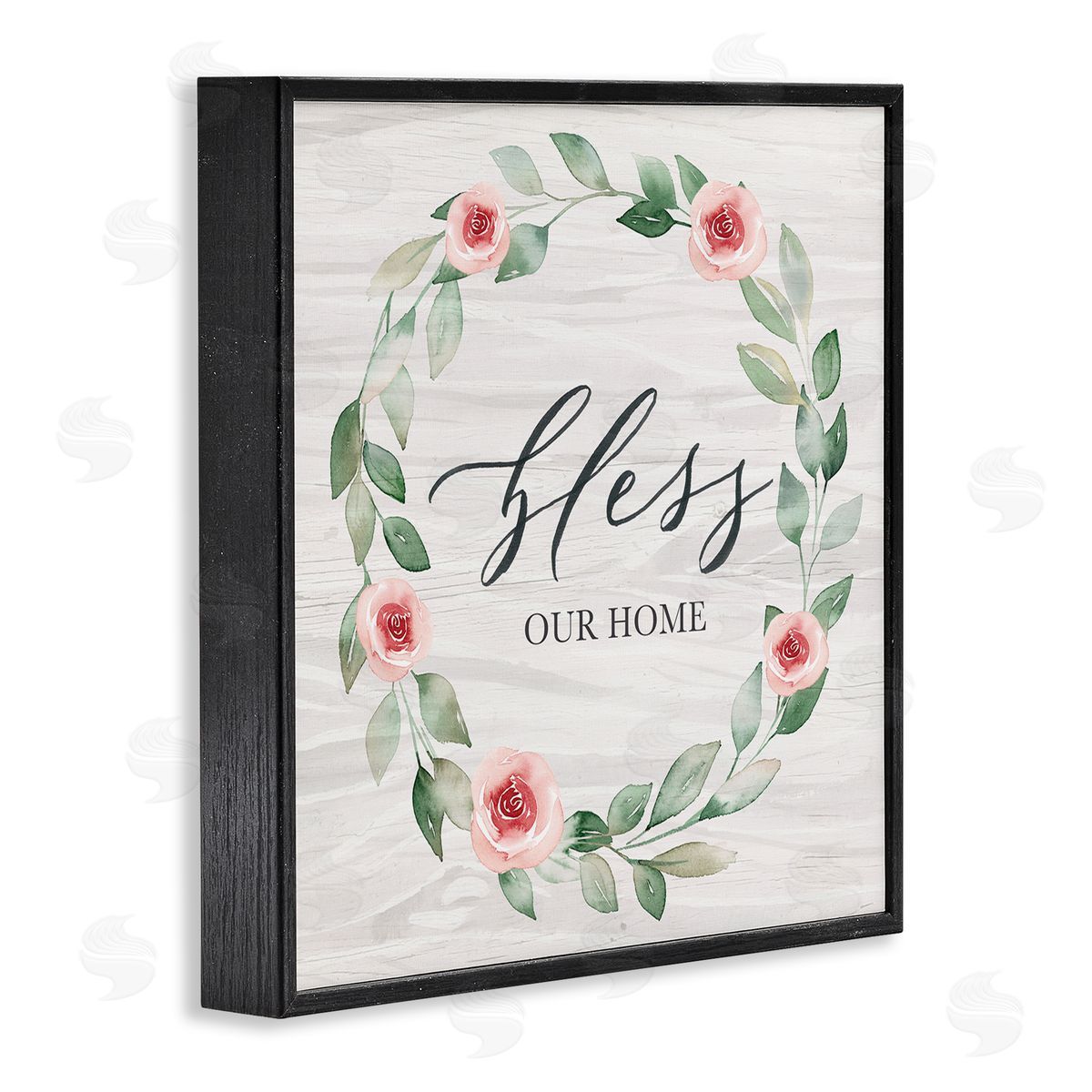 Kristen Brockmon Bless Our Home Family Phrase Simple Pink Rose Wreath Black Framed Glicee Wall Art Print