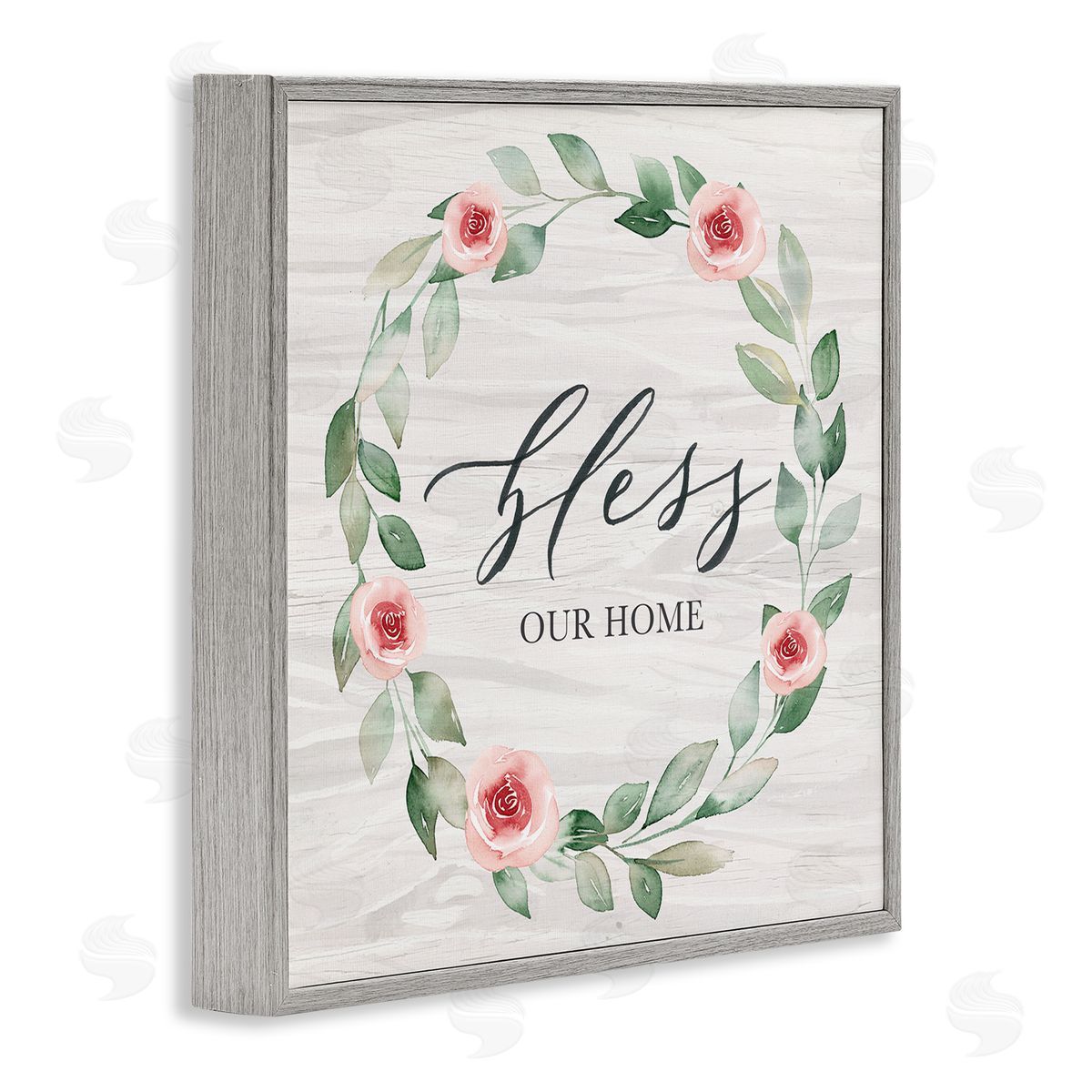 Kristen Brockmon Bless Our Home Family Phrase Simple Pink Rose Wreath Gray Framed Glicee Wall Art Print