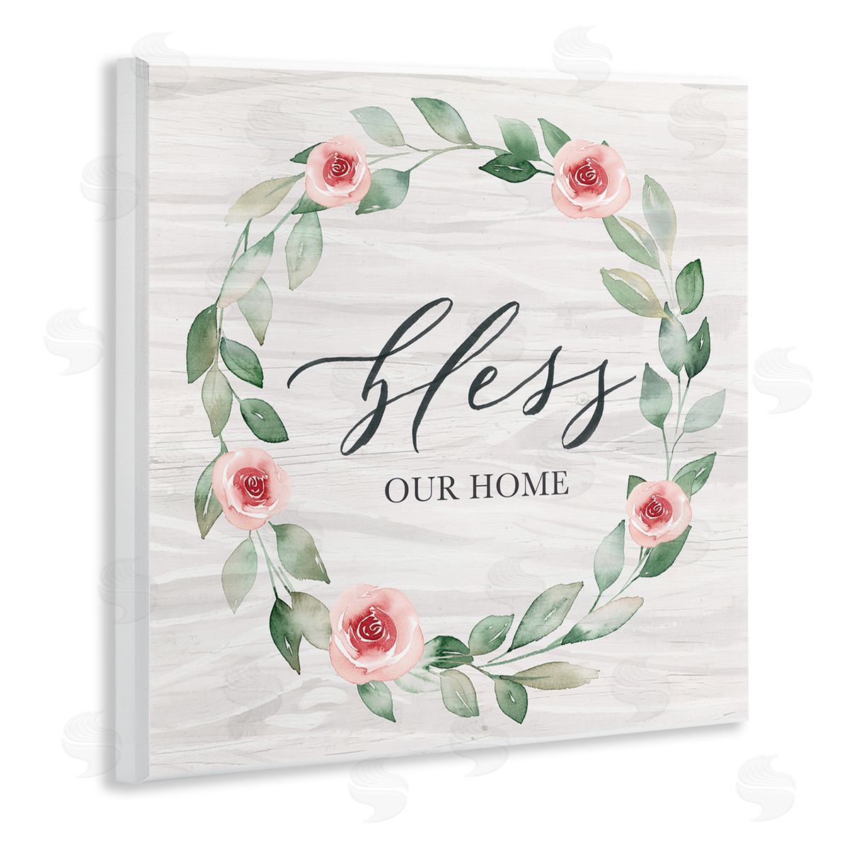 Kristen Brockmon Bless Our Home Family Phrase Simple Pink Rose Wreath Wooden Wall Plaque Art Print