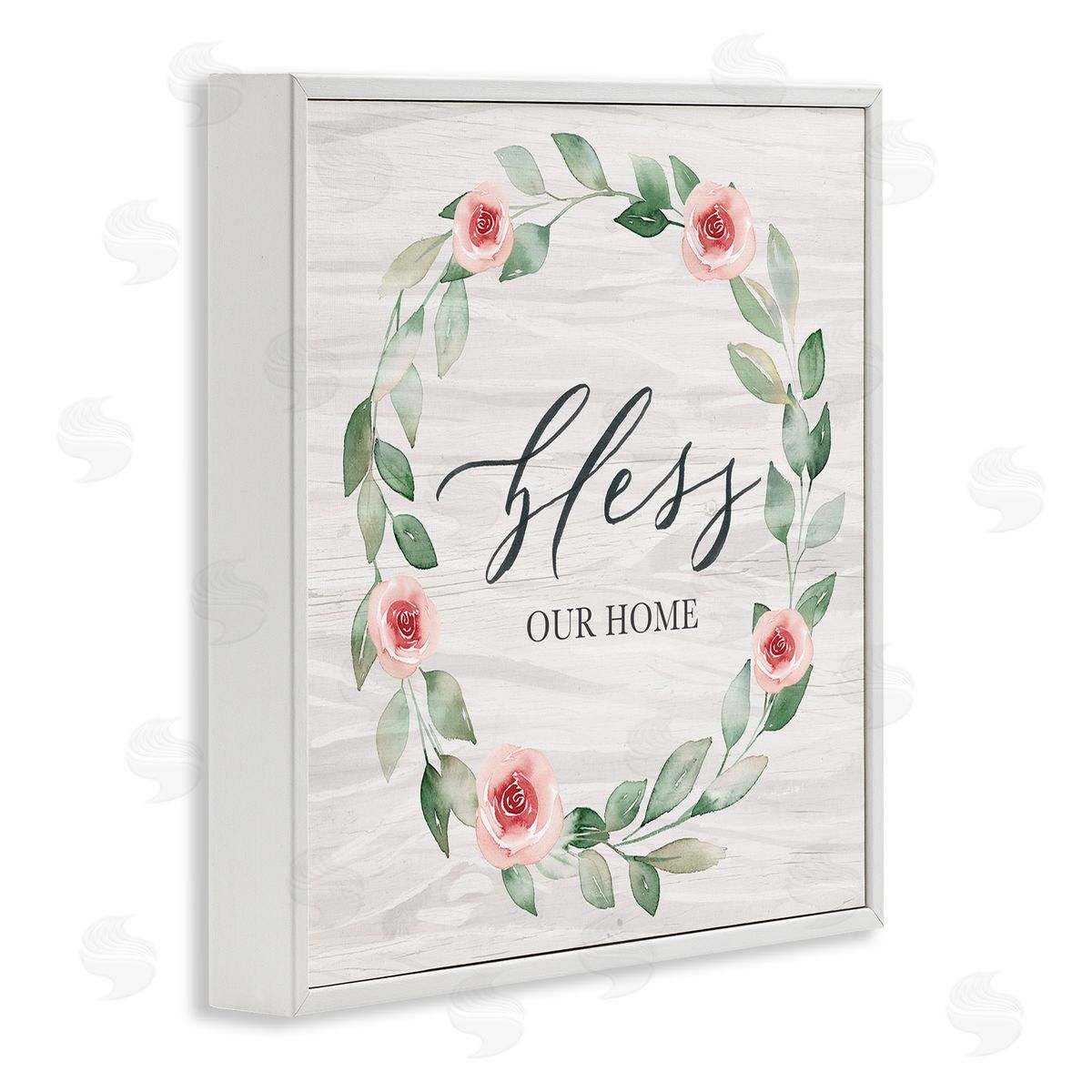 Kristen Brockmon Bless Our Home Family Phrase Simple Pink Rose Wreath White Framed Glicee Wall Art Print
