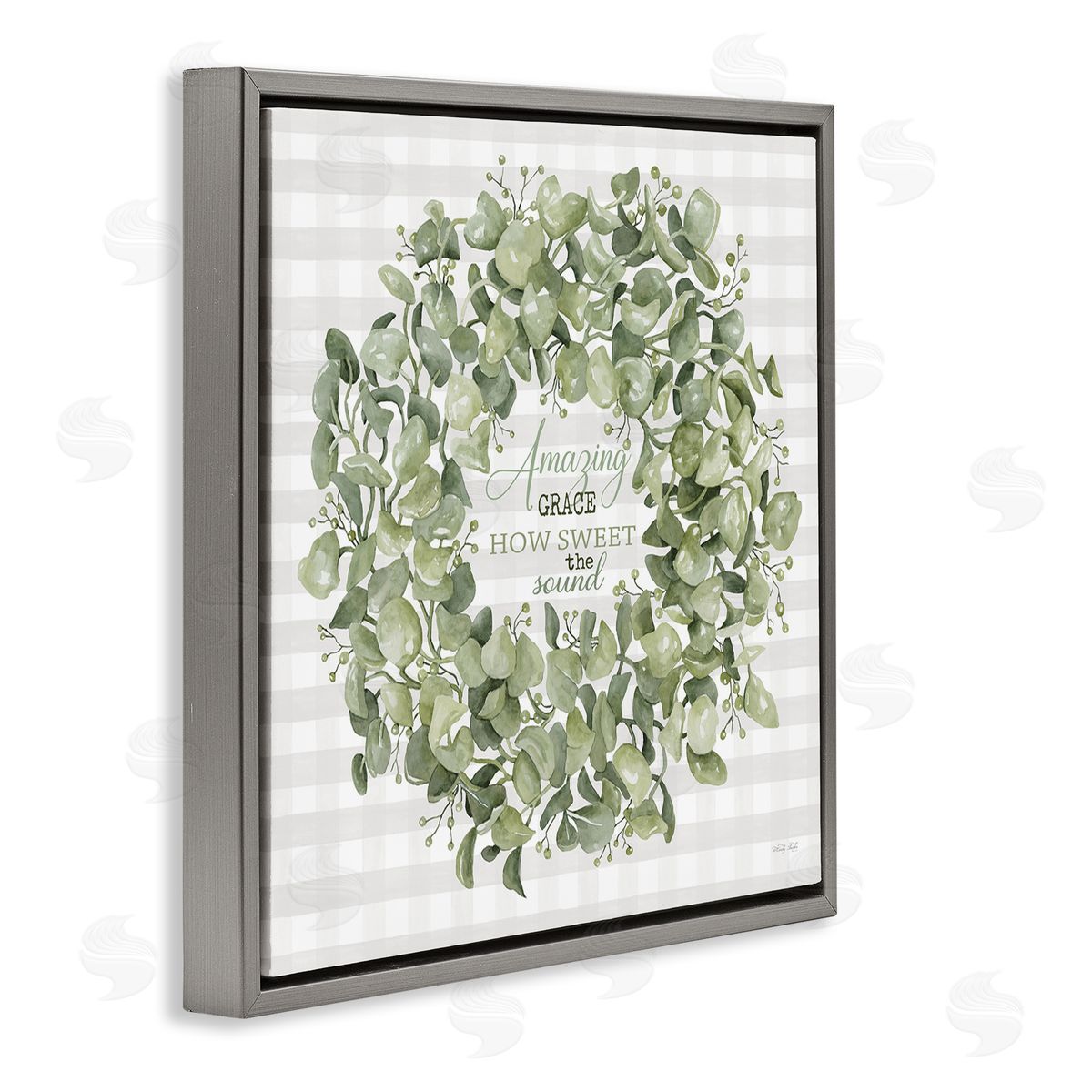 Cindy Jacobs Amazing Grace How Sweet Lush Green Plant Wreath Gray Floating Frame Canvas Wall Art Print