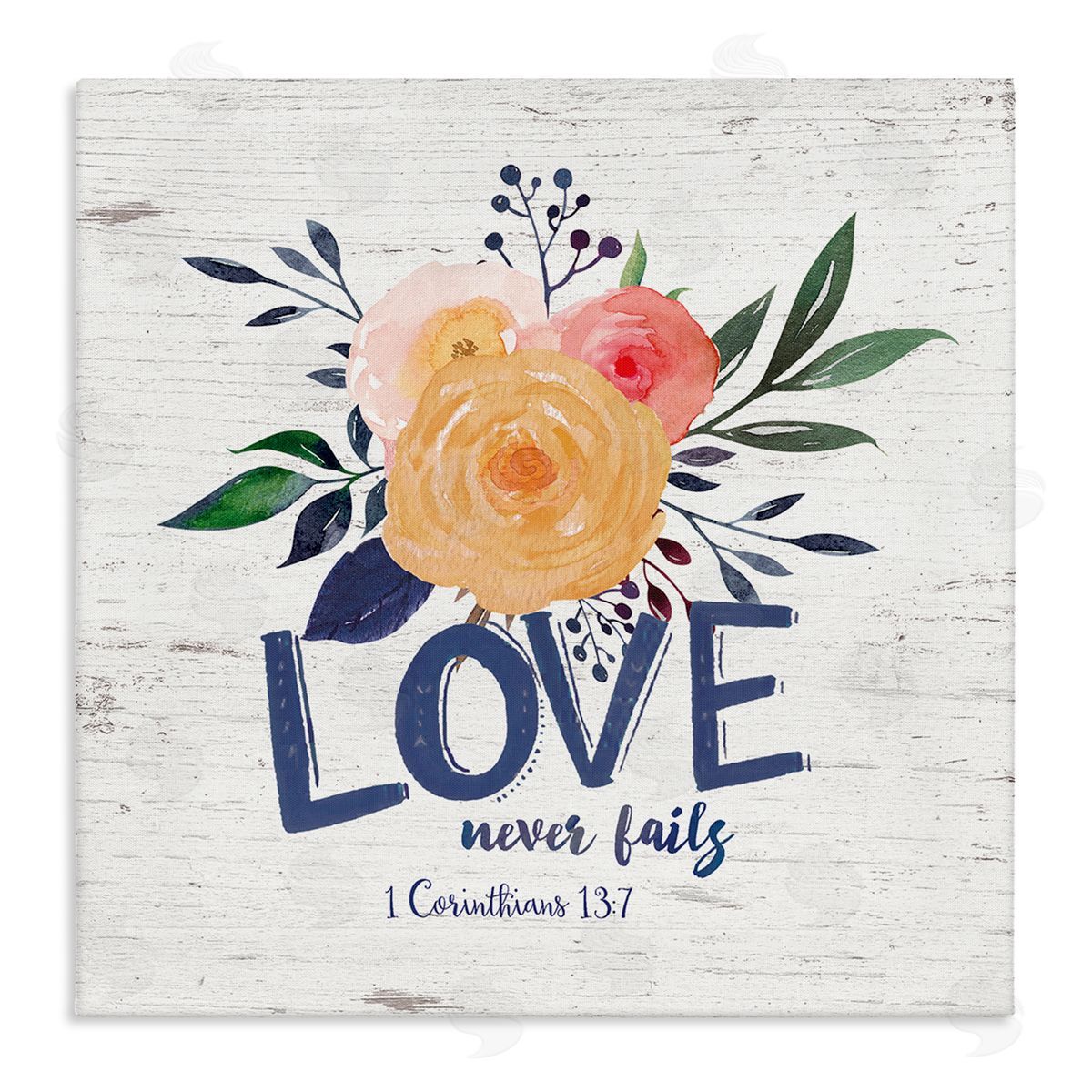Jo Moulton Love Never Fails Blushing Roses 1 Corinthians 13:7 Stretched Canvas Wall Art Print