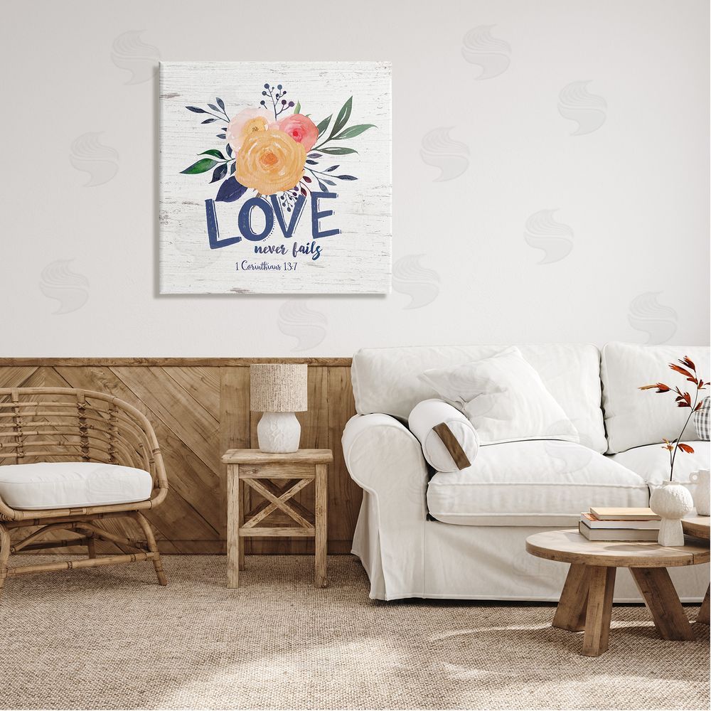 Jo Moulton Love Never Fails Blushing Roses 1 Corinthians 13:7 Canvas Wall Art in Room