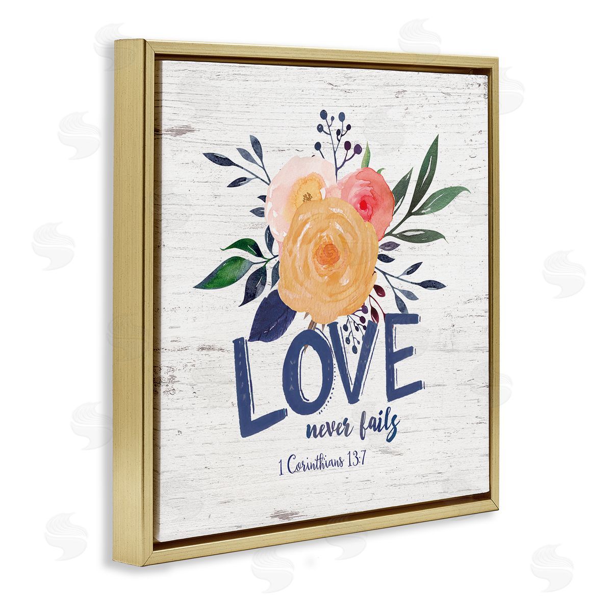 Jo Moulton Love Never Fails Blushing Roses 1 Corinthians 13:7 Gold Floating Frame Canvas Wall Art Print