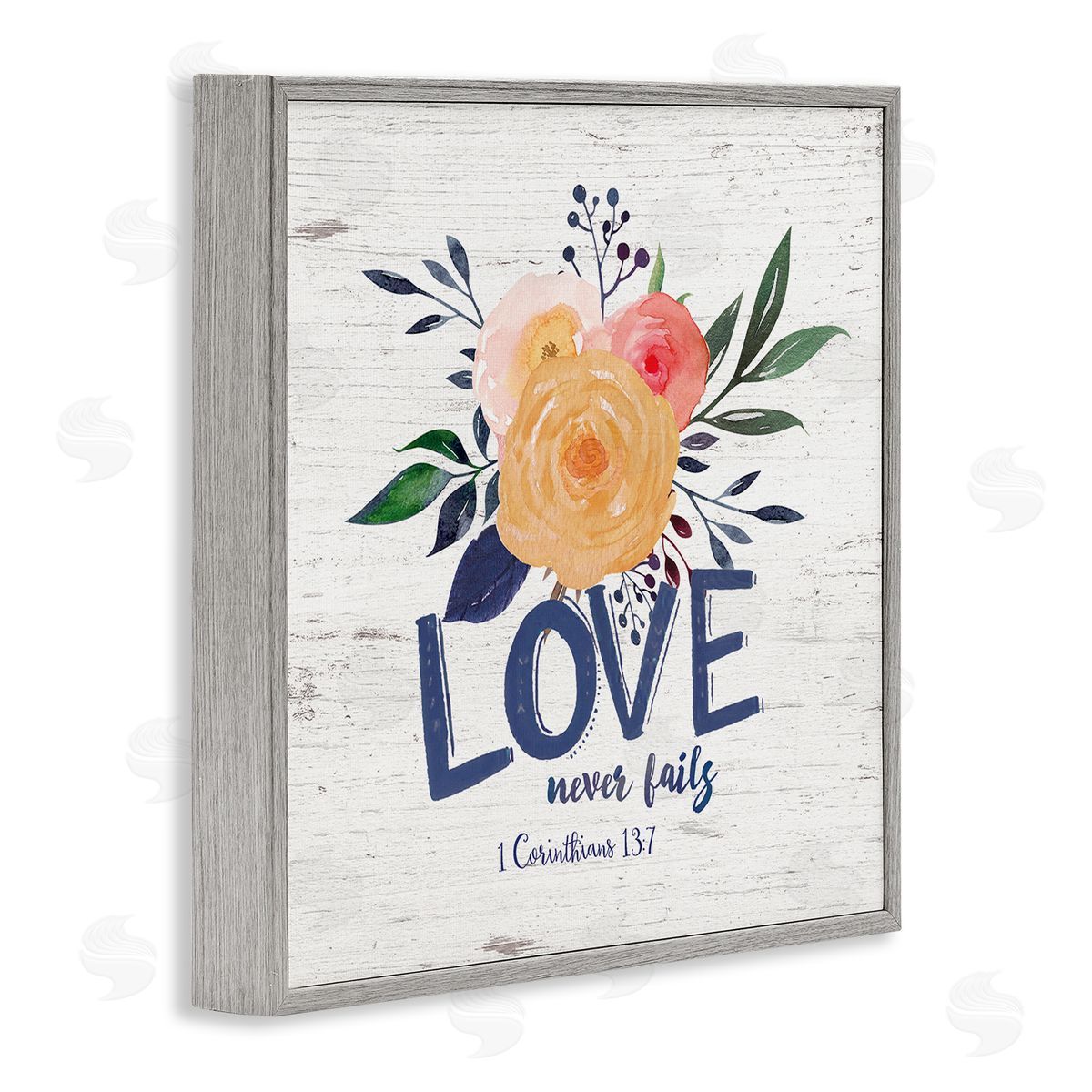 Jo Moulton Love Never Fails Blushing Roses 1 Corinthians 13:7 Gray Framed Glicee Wall Art Print