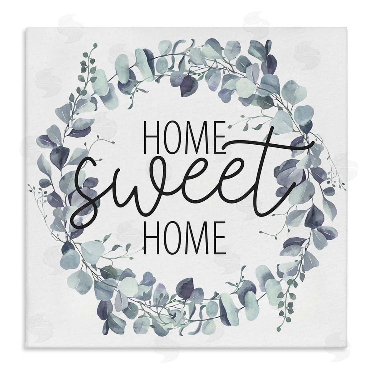 Kim Allen Home Sweet Home Greeting Blue Green Eucalyptus Plant Wreath Stretched Canvas Wall Art Print