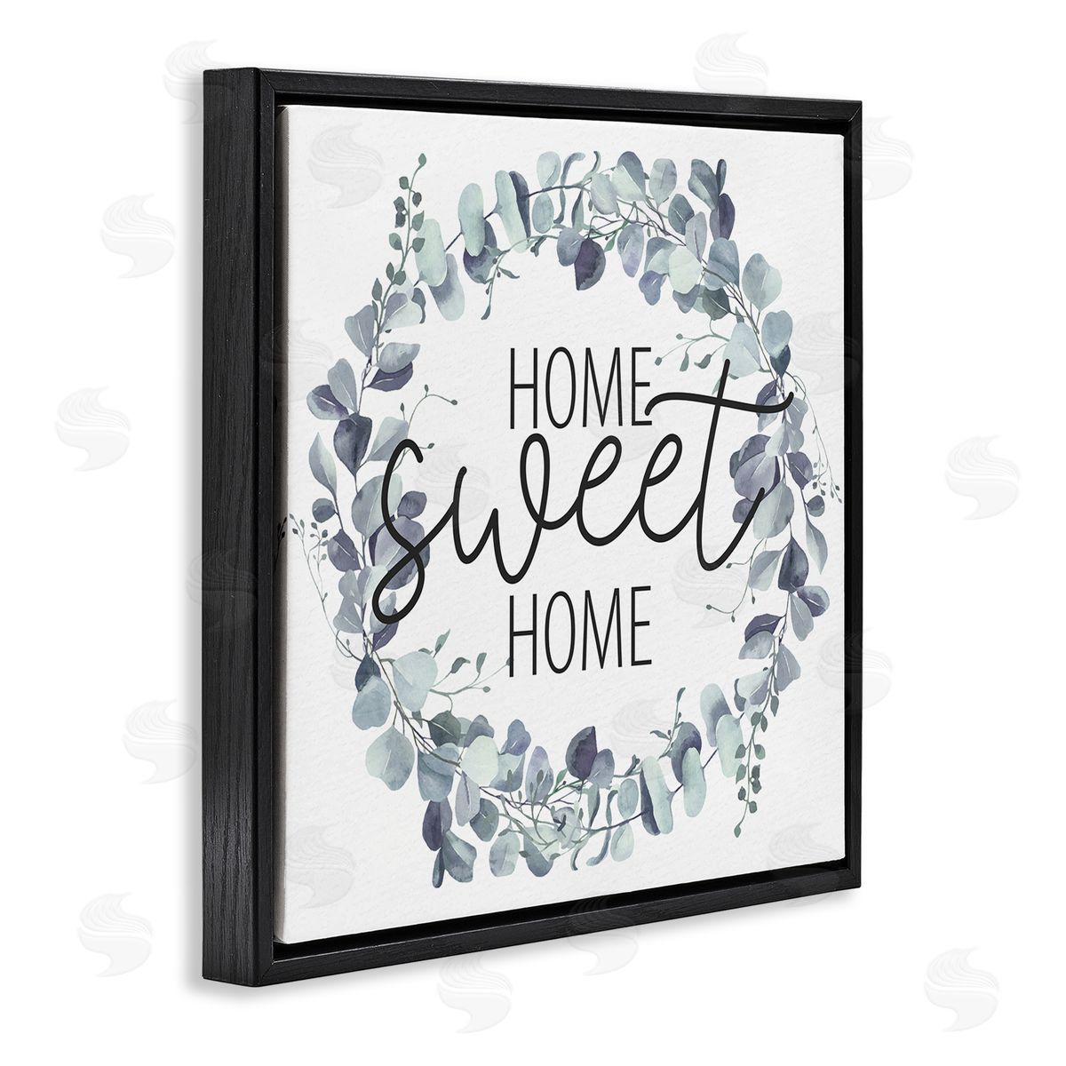 Kim Allen Home Sweet Home Greeting Blue Green Eucalyptus Plant Wreath Black Floating Frame Canvas Wall Art Print