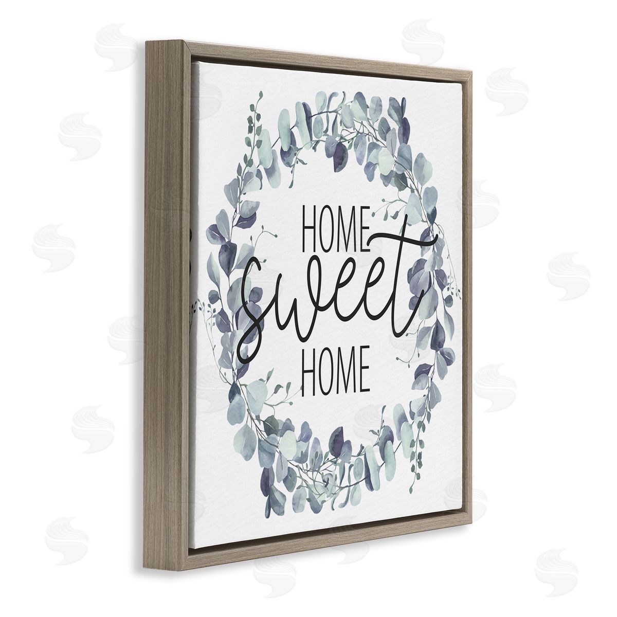 Kim Allen Home Sweet Home Greeting Blue Green Eucalyptus Plant Wreath Brown Floating Frame Canvas Wall Art Print