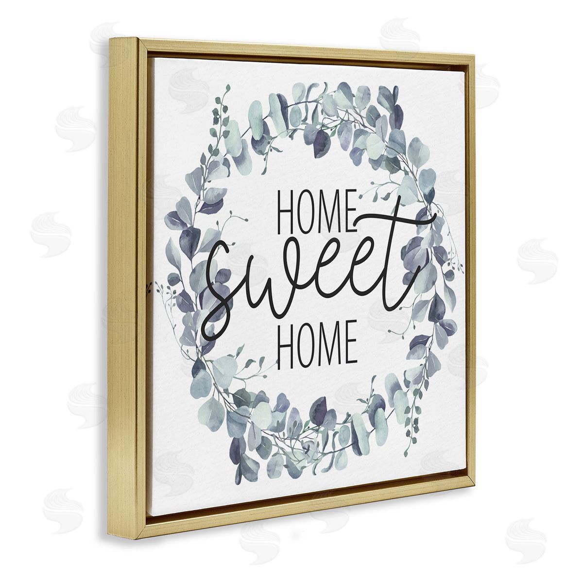 Kim Allen Home Sweet Home Greeting Blue Green Eucalyptus Plant Wreath Gold Floating Frame Canvas Wall Art Print