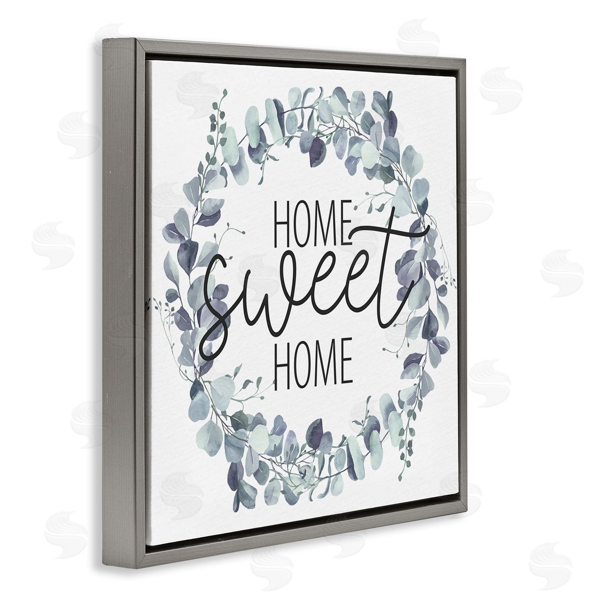 Kim Allen Home Sweet Home Greeting Blue Green Eucalyptus Plant Wreath Gray Floating Frame Canvas Wall Art Print