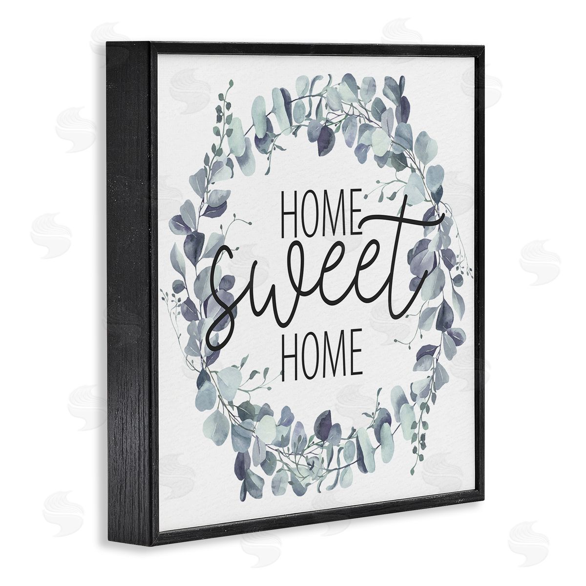 Kim Allen Home Sweet Home Greeting Blue Green Eucalyptus Plant Wreath Black Framed Glicee Wall Art Print