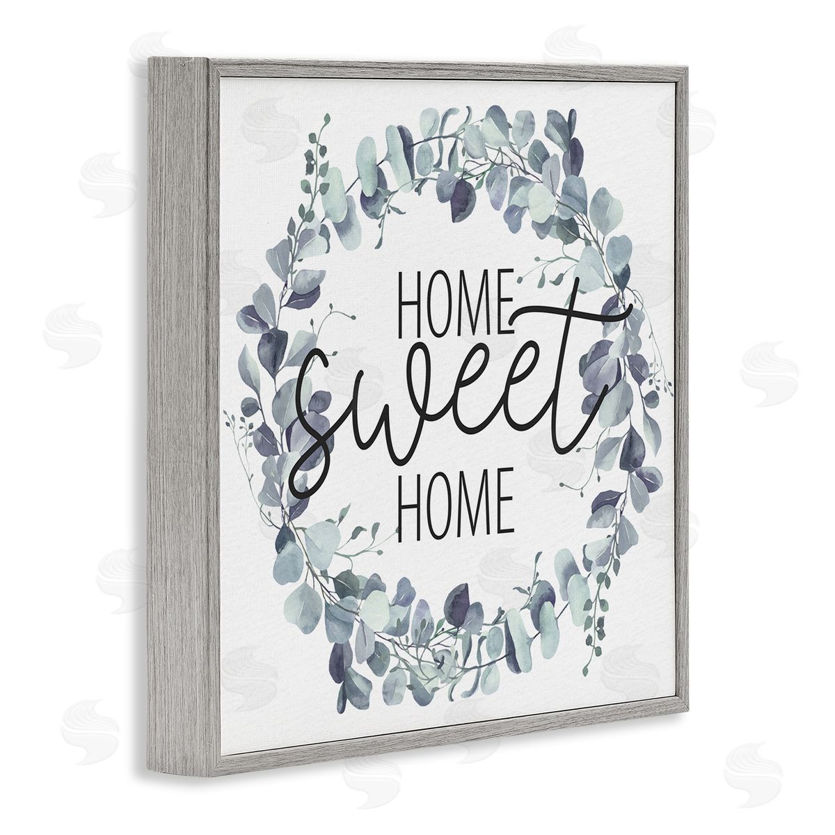 Kim Allen Home Sweet Home Greeting Blue Green Eucalyptus Plant Wreath Gray Framed Glicee Wall Art Print