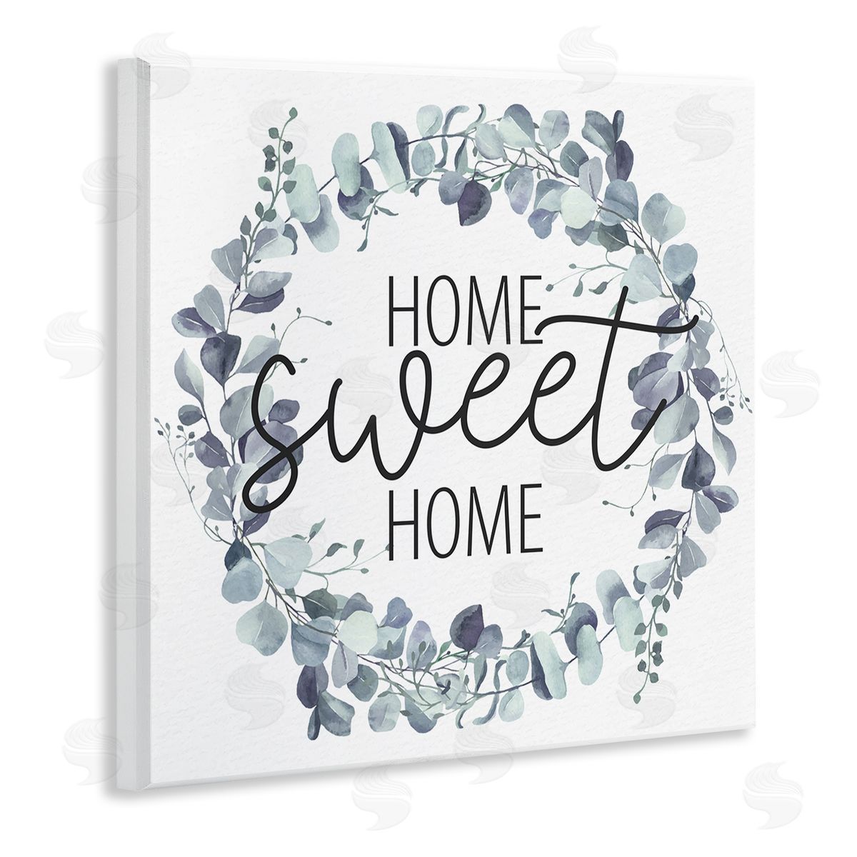Kim Allen Home Sweet Home Greeting Blue Green Eucalyptus Plant Wreath Wooden Wall Plaque Art Print