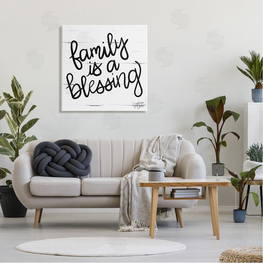 Stephanie Dicks Family Is Blessing Rustic Minimal Calligraphy Sign Canvas Wall Art in Room