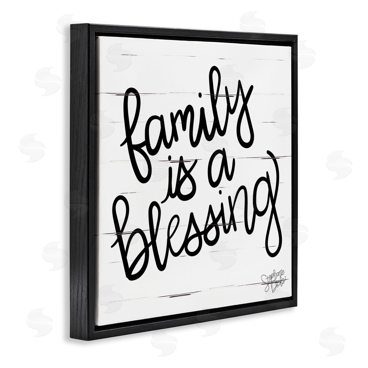Stephanie Dicks Family Is Blessing Rustic Minimal Calligraphy Sign Black Floating Frame Canvas Wall Art Print