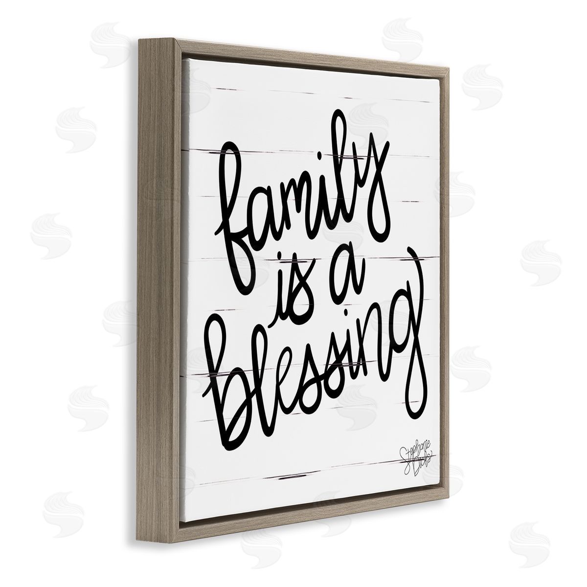 Stephanie Dicks Family Is Blessing Rustic Minimal Calligraphy Sign Brown Floating Frame Canvas Wall Art Print