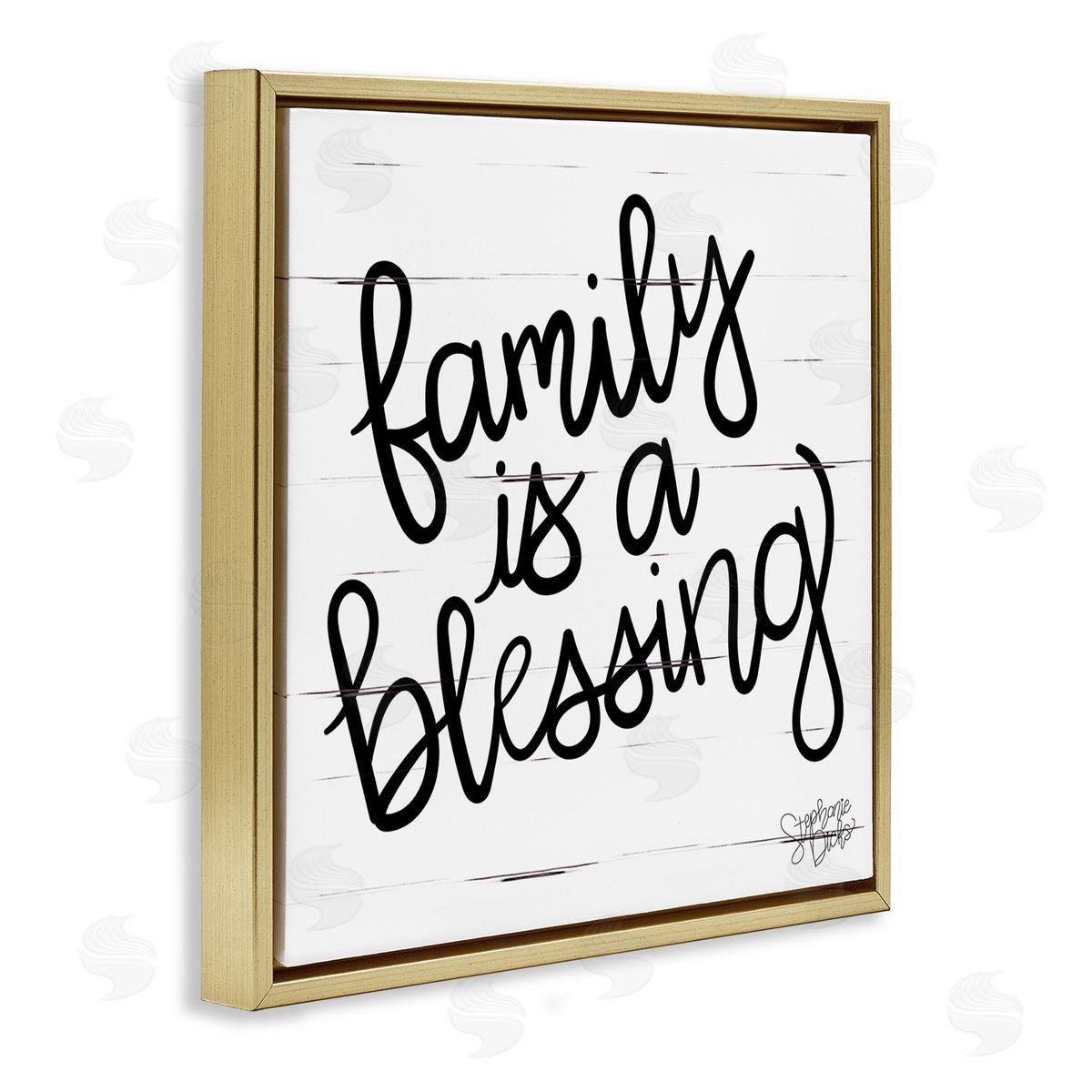 Stephanie Dicks Family Is Blessing Rustic Minimal Calligraphy Sign Gold Floating Frame Canvas Wall Art Print