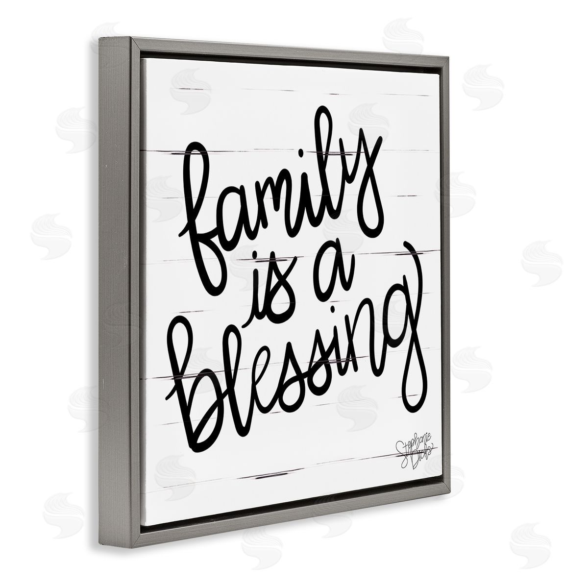 Stephanie Dicks Family Is Blessing Rustic Minimal Calligraphy Sign Gray Floating Frame Canvas Wall Art Print