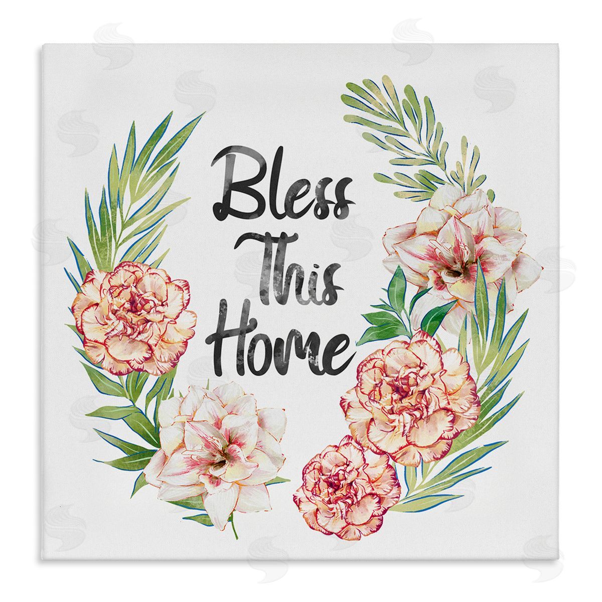 Ziwei Li Bless This Home Saying Coral Pink Floral Arrangement  Stretched Canvas Wall Art Print