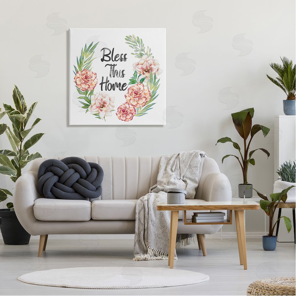 Ziwei Li Bless This Home Saying Coral Pink Floral Arrangement  Canvas Wall Art in Room