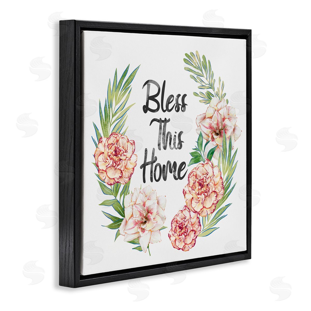 Ziwei Li Bless This Home Saying Coral Pink Floral Arrangement  Black Floating Frame Canvas Wall Art Print