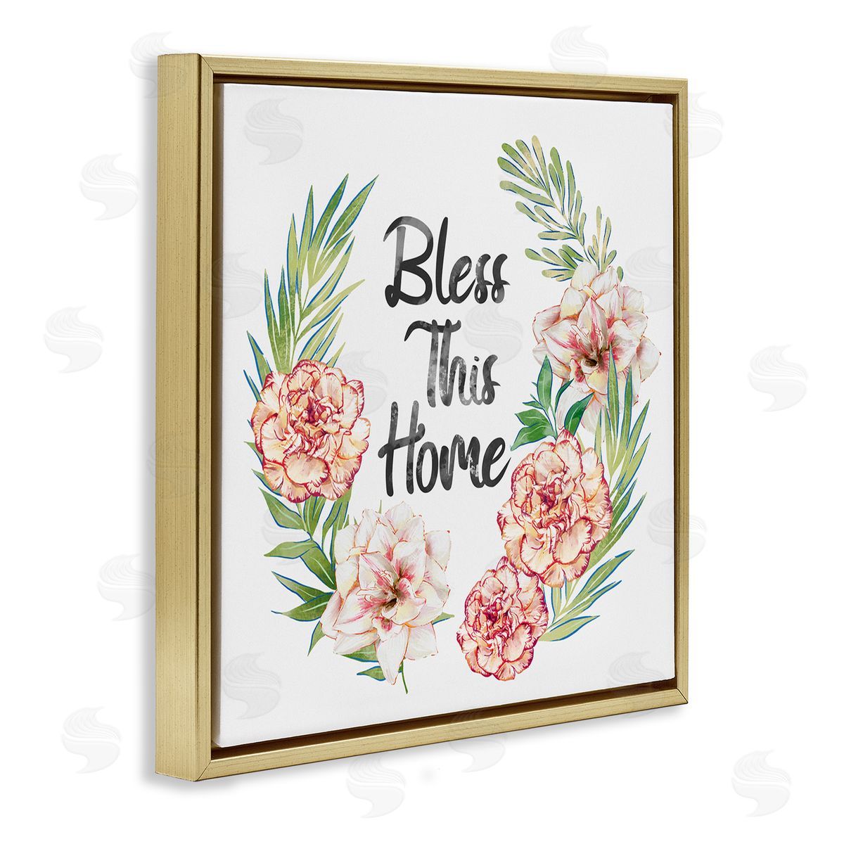 Ziwei Li Bless This Home Saying Coral Pink Floral Arrangement  Gold Floating Frame Canvas Wall Art Print