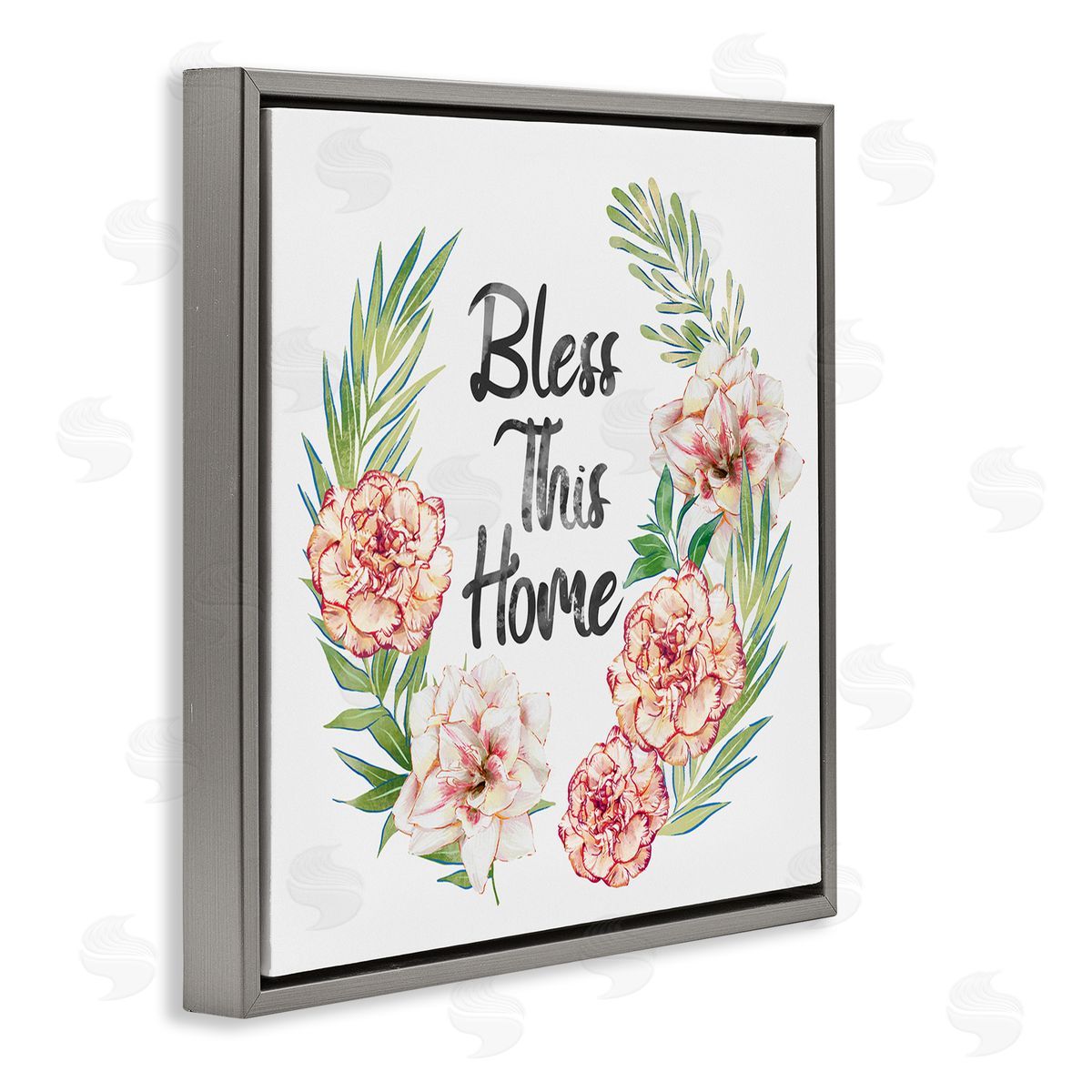 Ziwei Li Bless This Home Saying Coral Pink Floral Arrangement  Gray Floating Frame Canvas Wall Art Print