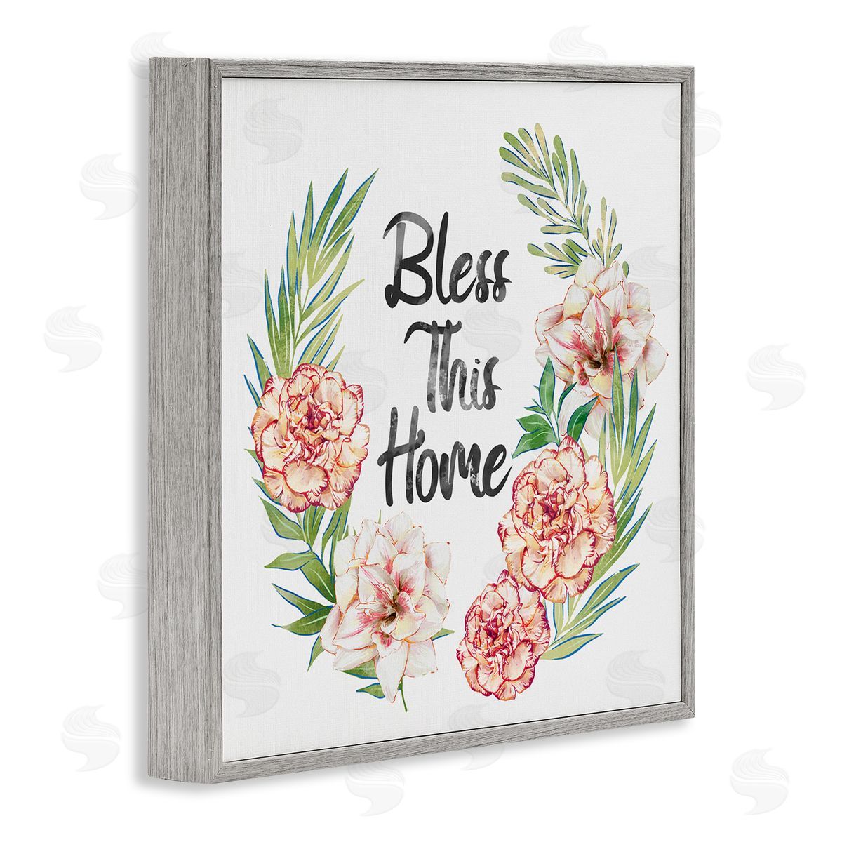 Ziwei Li Bless This Home Saying Coral Pink Floral Arrangement  Gray Framed Glicee Wall Art Print