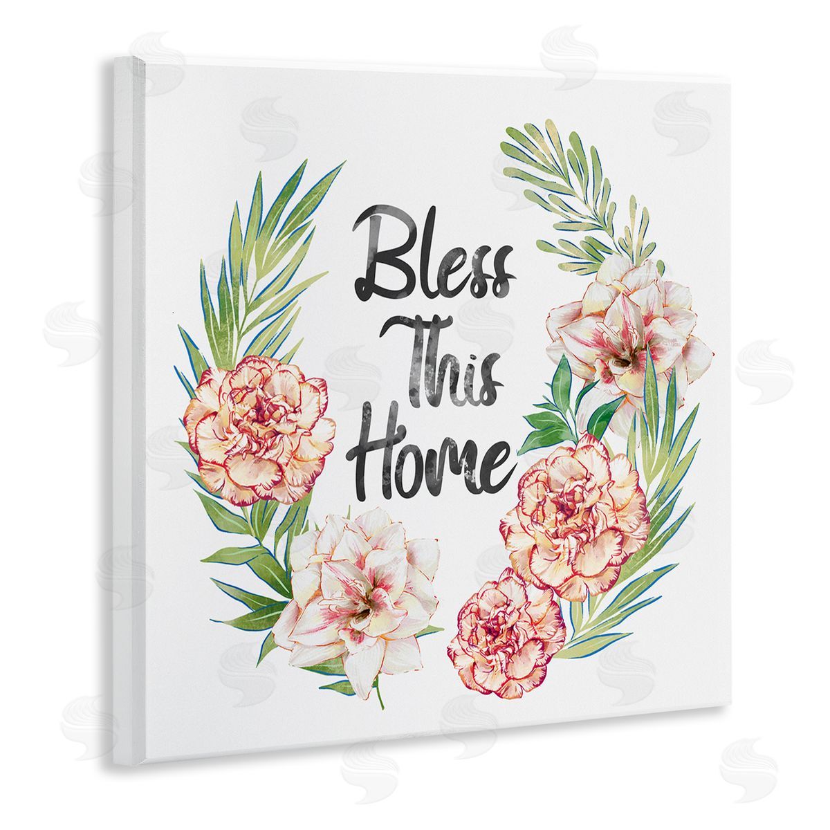 Ziwei Li Bless This Home Saying Coral Pink Floral Arrangement  Wooden Wall Plaque Art Print