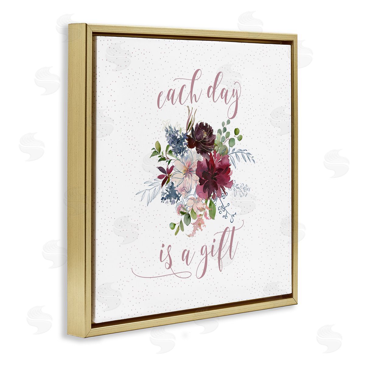Tara Moss Each Day Gift Calligraphy Quote Minimal Floral Pattern  Gold Floating Frame Canvas Wall Art Print